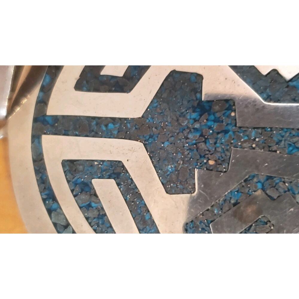 Vintage Taxco Pendant Big Sterling Inlay Turquoise Chip Aztec Native Mexico - Picture 9 of 10